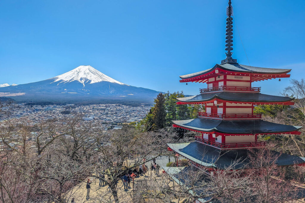 Mt Fuji as seen from the The Chureito Pagoda in Japan