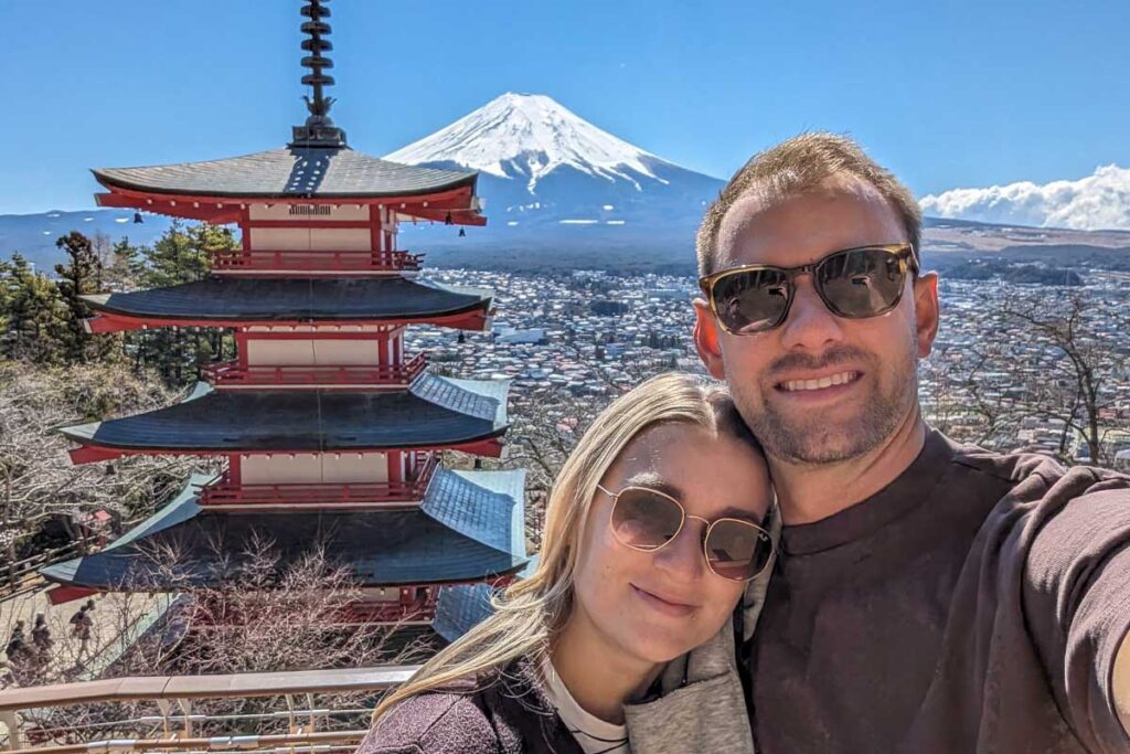 Bailey and Daniel take a selfie at Chureito Pagoda