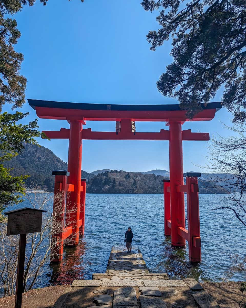 Bailey at Heiwa no Torii at Hakone Shrine on Lake Ashi Hakone Japan