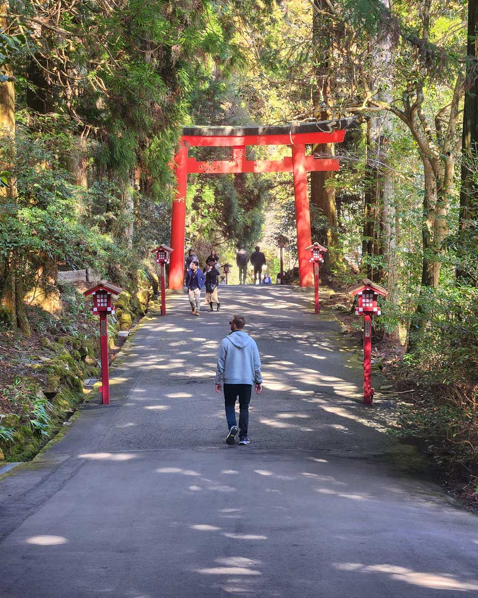 Daniel walks to Hakone Shrine in Hakone Japan