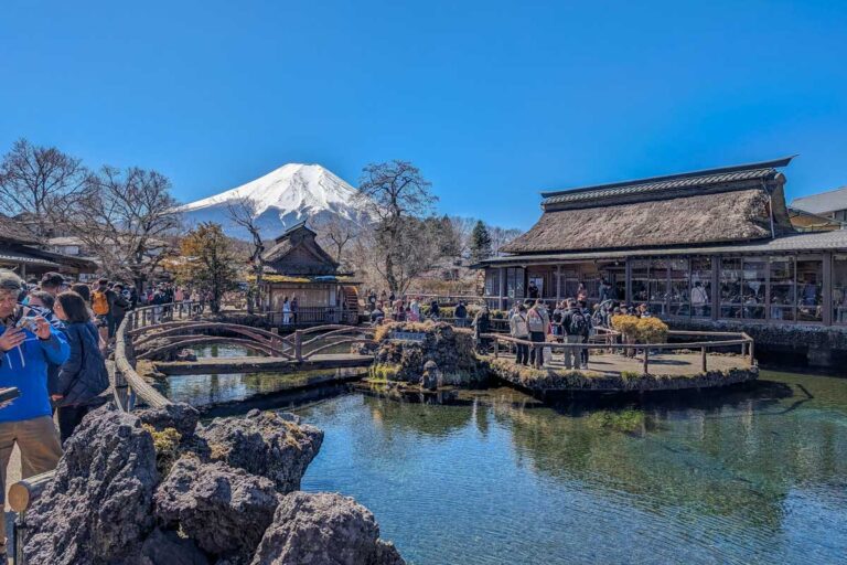 One of the ponds of Oshino Hakkai Japan with Mt Fuji in the background