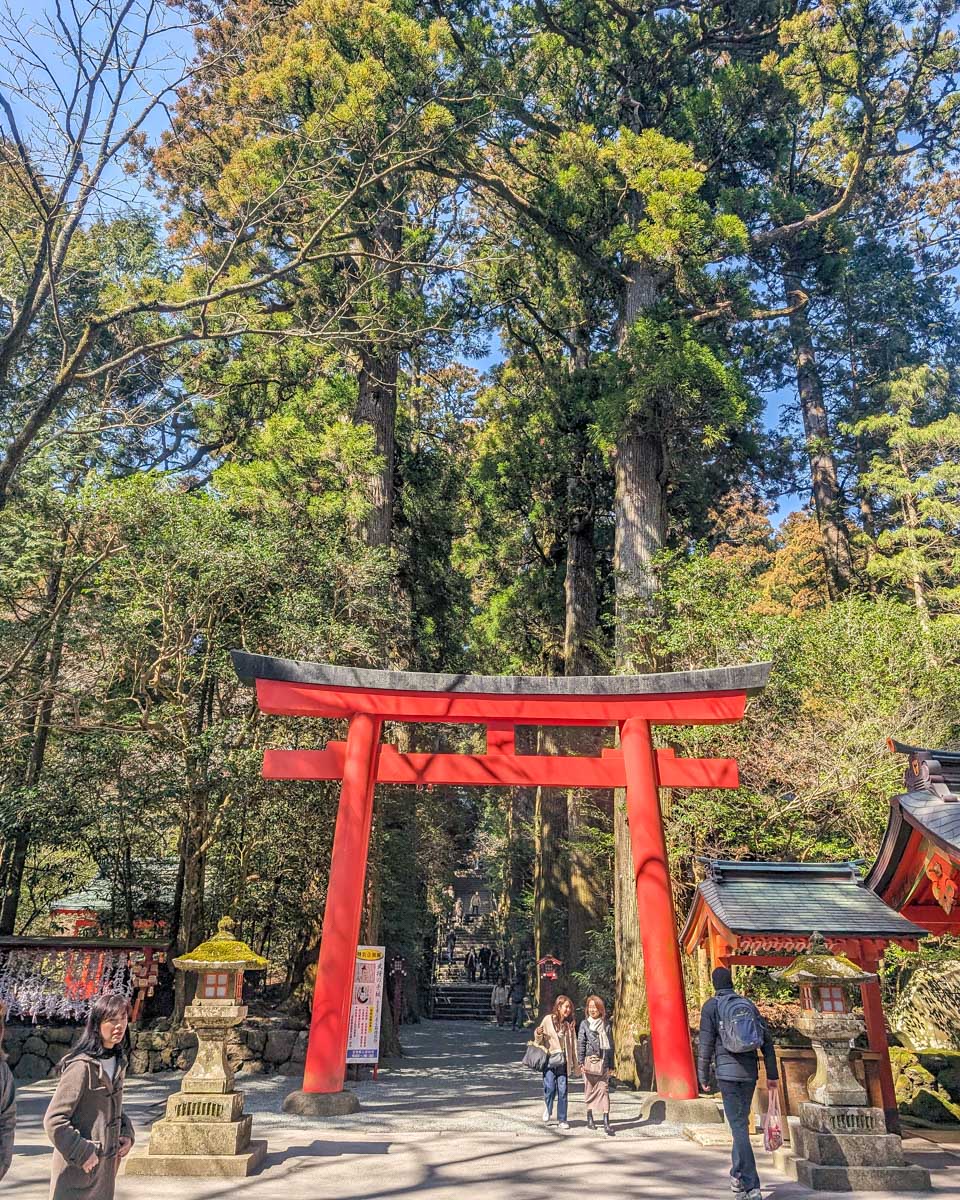 A torii gate at the Hakone Shrine in Hakone Japan