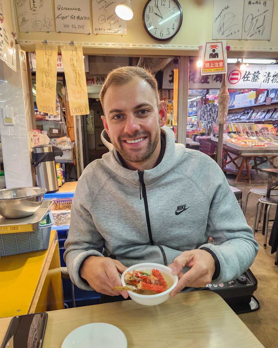 Daniel has soup at the Nijo Market in Sapporo, Japan