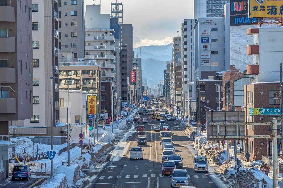 Views of a busy street in Sapporo