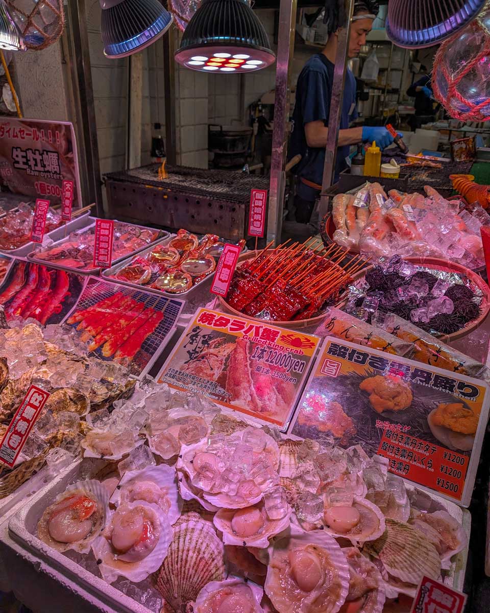 Various fresh seafood seen on a food tour of Nishiki Market in Kyoto Japan