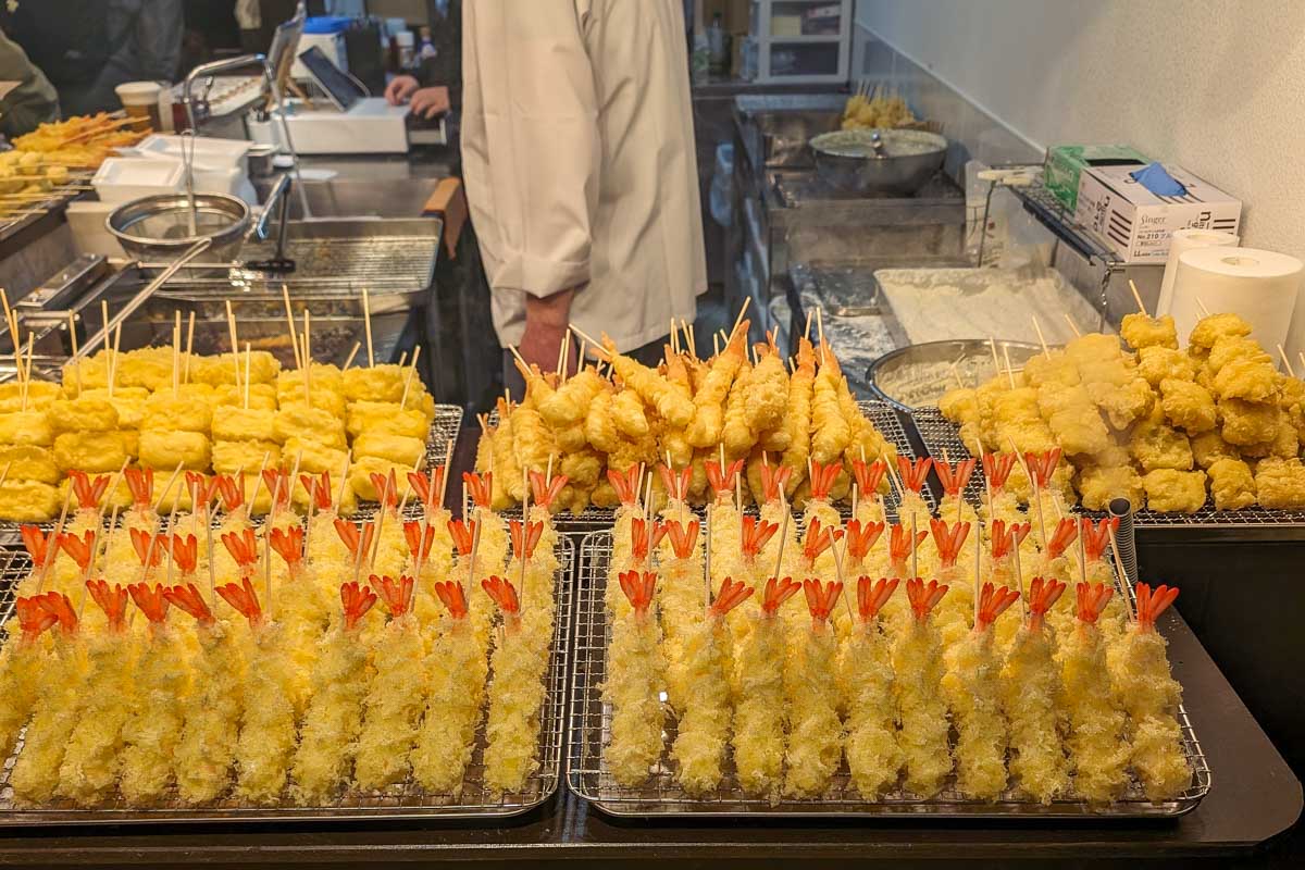 Nishiki Market and shrimp tempura seen on a food tour in Kyoto