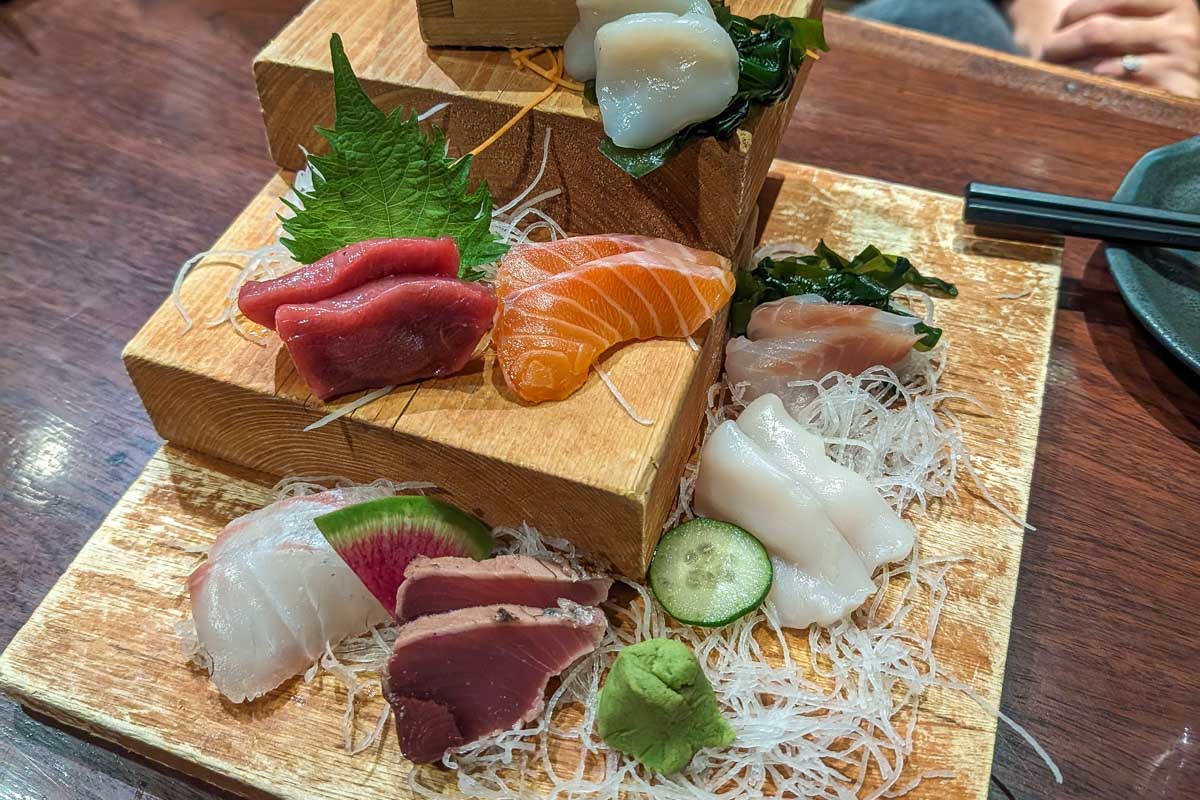 Various sashimi eaten on a food tour of Kyoto Japan