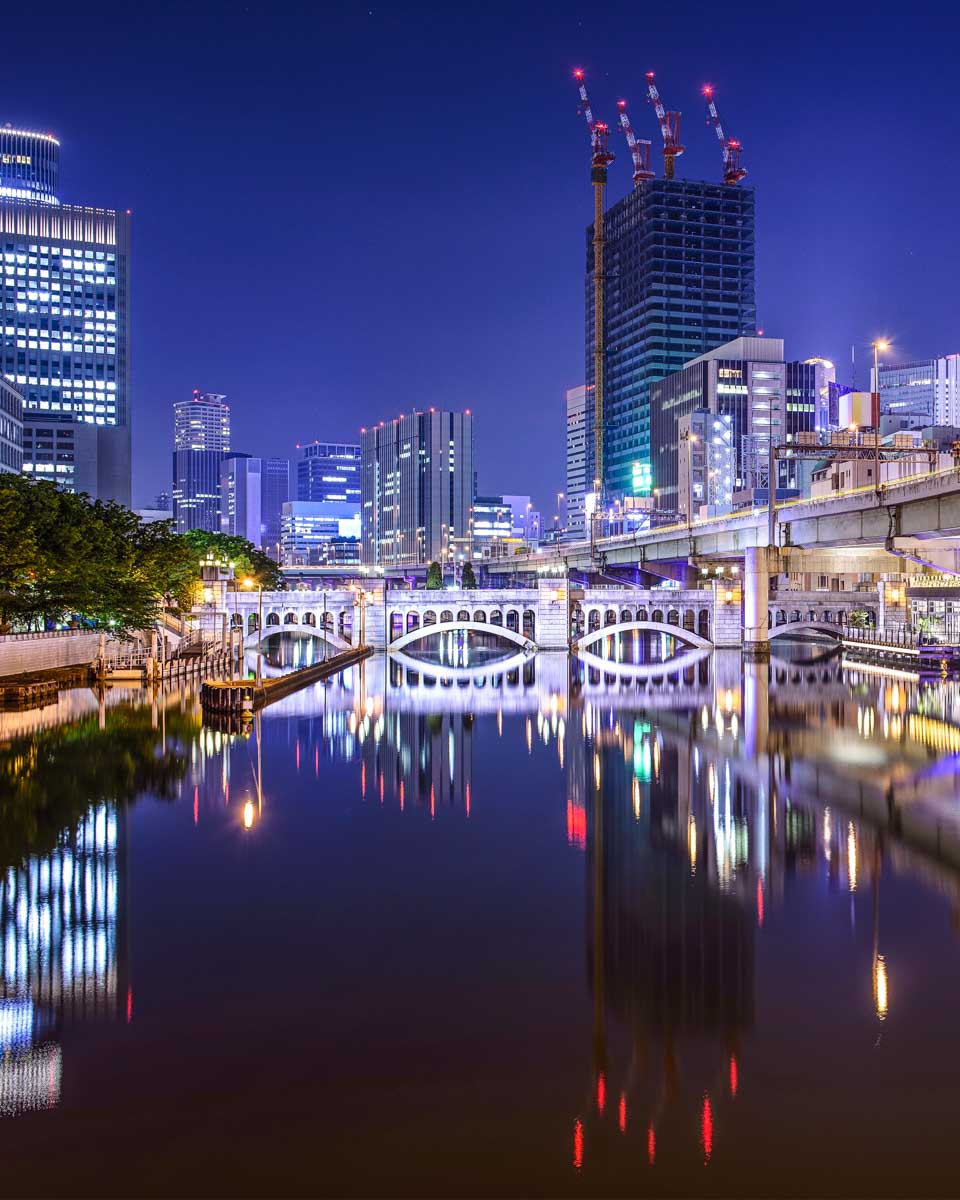 Nakanoshima district at night in Osaka Japan