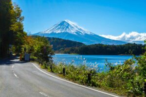 Mt Fuji in Japan and road at Lake Kawaguchiko