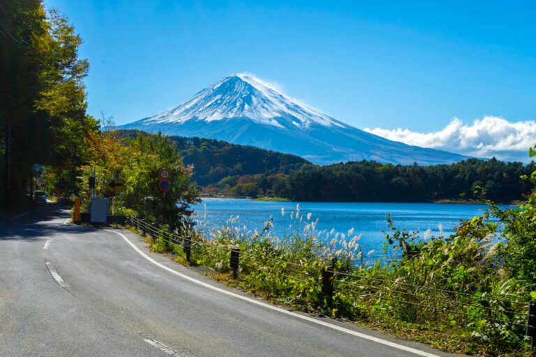 Mt Fuji in Japan and road at Lake Kawaguchiko