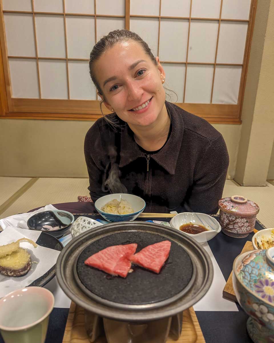 Bailey-eats-dinner-at-a-hotel-near-Hakone Japan