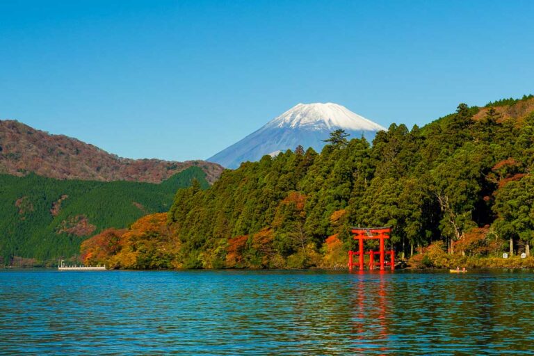 Mt Fuji and Lake Ashi seen in the fall Hakone Japan