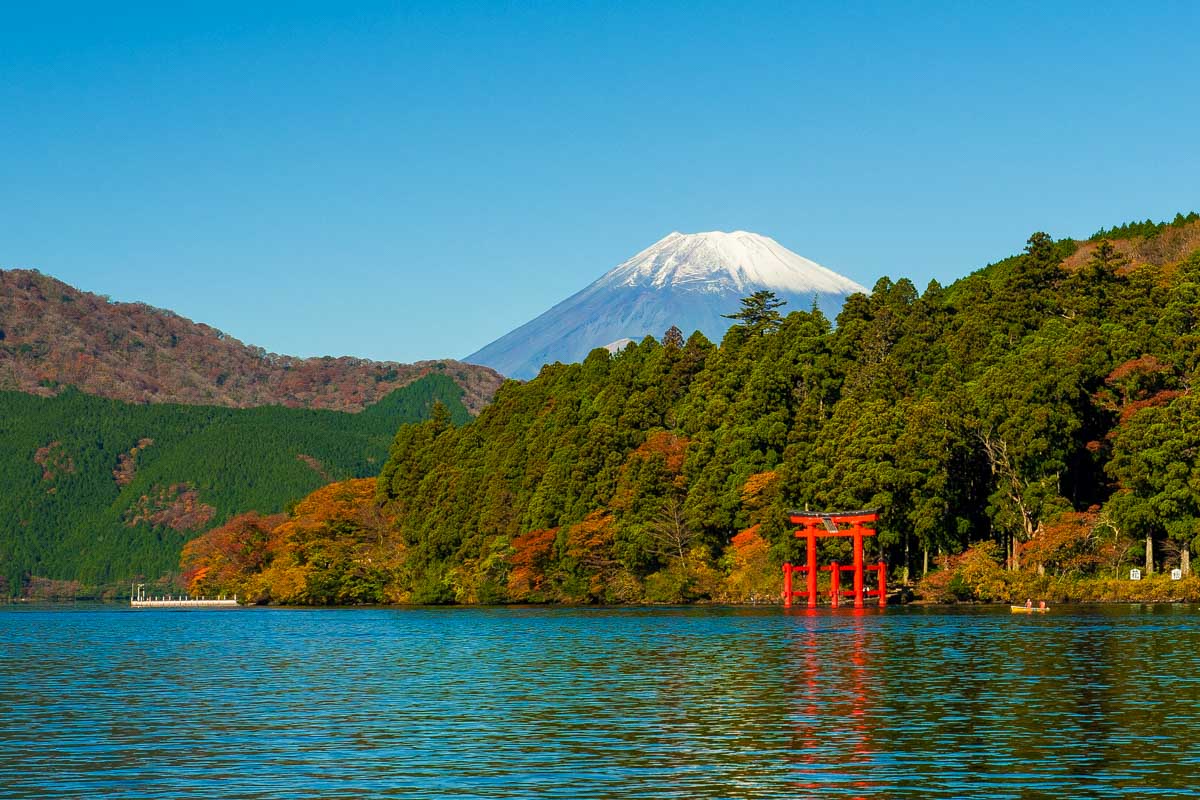 Mt Fuji and Lake Ashi seen in the fall Hakone Japan