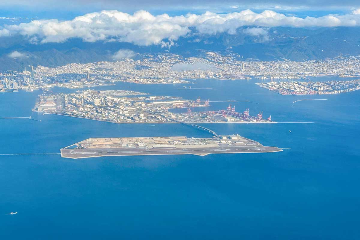 The Osaka airport seen from a plane in Japan