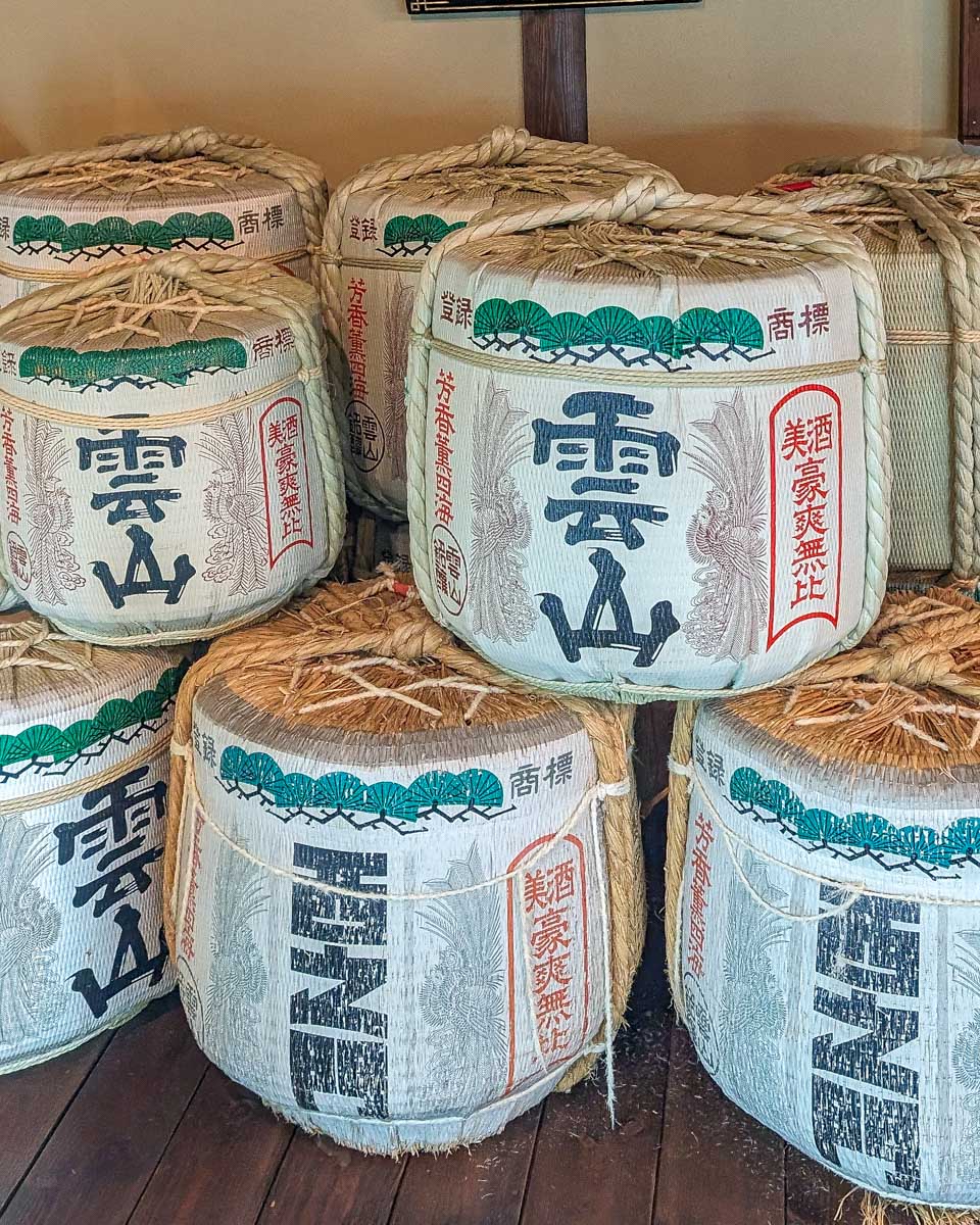 Sake barrels seen on a tour of Kobe Japan