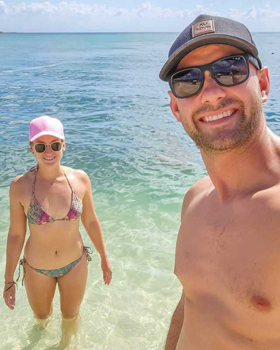Daniel-and-Bailey-take-a-selfie-at Tropical Beach in Okinawa Japan