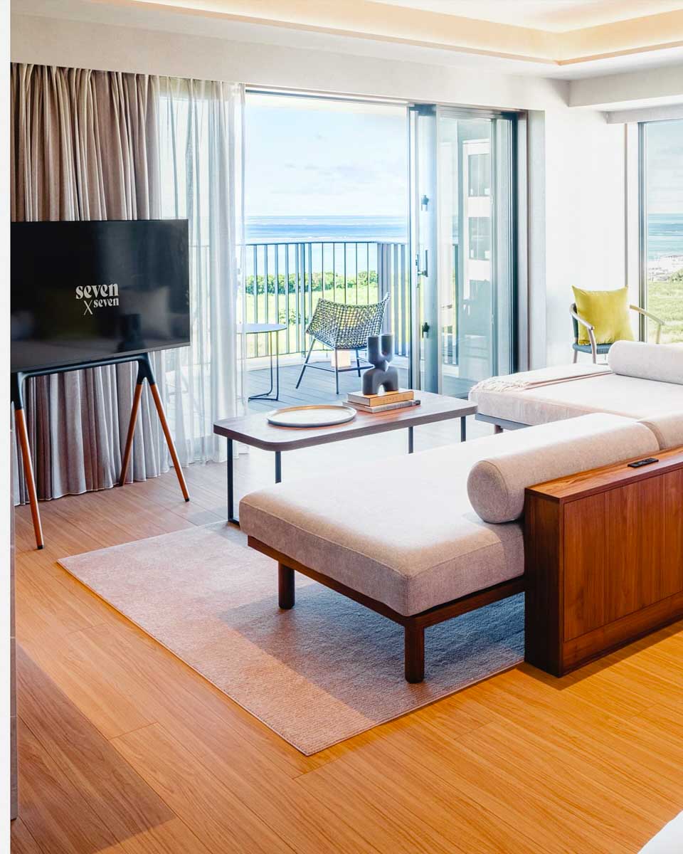 Living room area at the seven x seven ISHIGAKI Okinawa hotel room