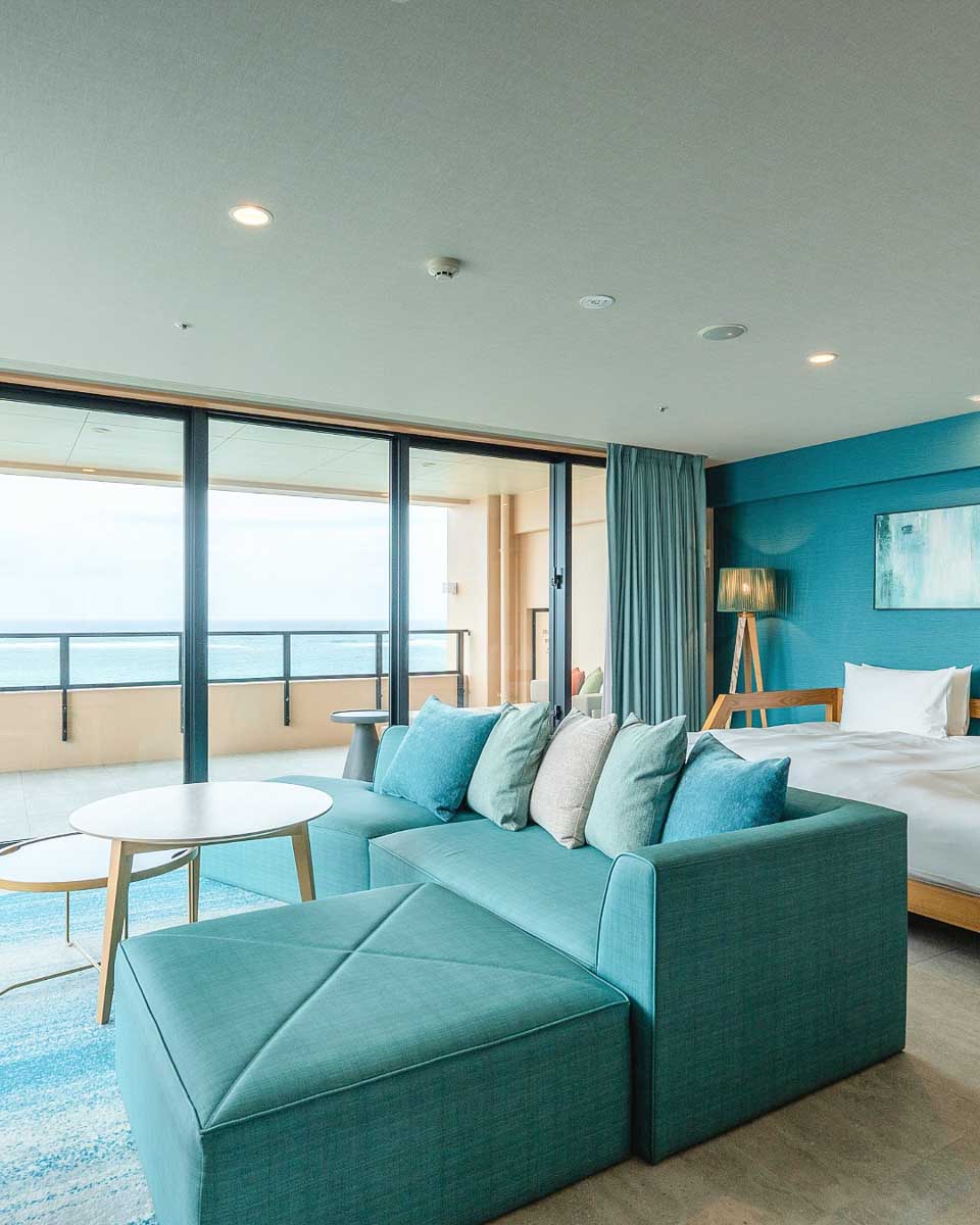 Lounge area in a hotel room at AQUASENSE Hotel & Resort in Okinawa