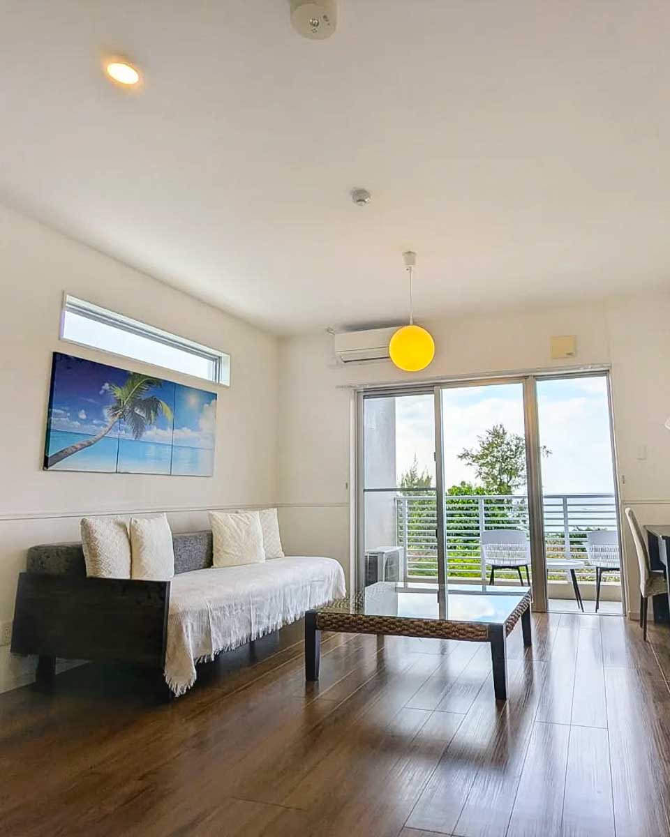 Lounge area of a hotel room at Odysis Onna Resort Hotel in Okinawa