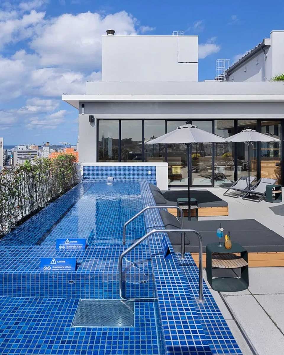 The rooftop pool area at Southwest Grand Hotel in Naha Okinawa