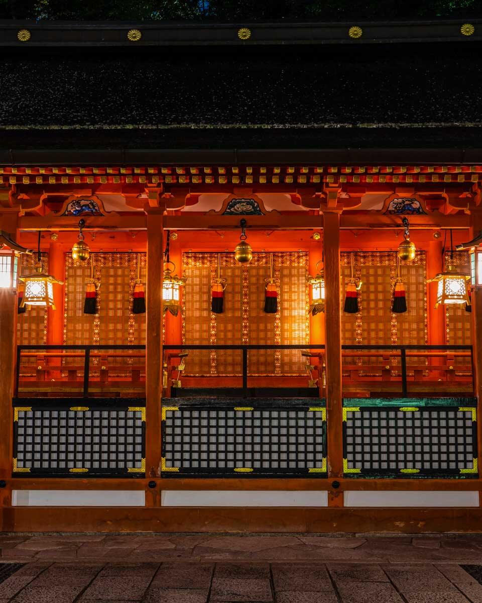 A Japanese shrine at the Fushimi Inari Taisha in Kyoto Japan at night
