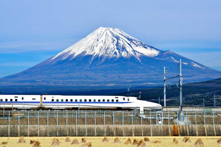 A bullet train and Mt Fuji seen in Japan