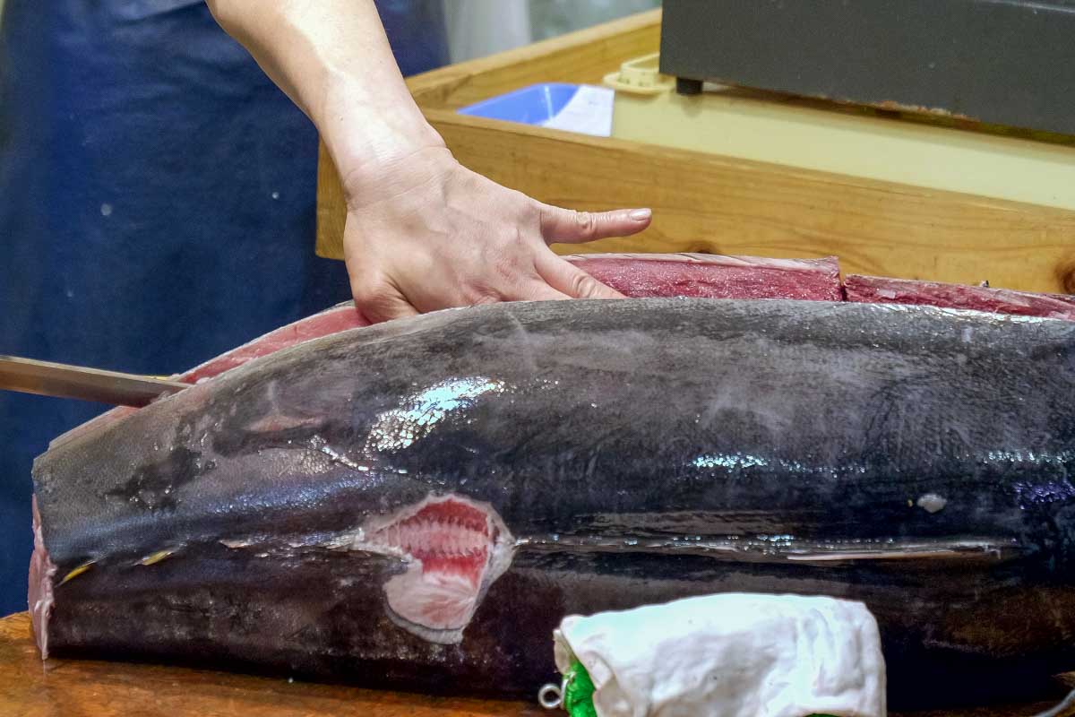 A person cuts a massive tuna at Tsukiji Fish Market in Tokyo Japan