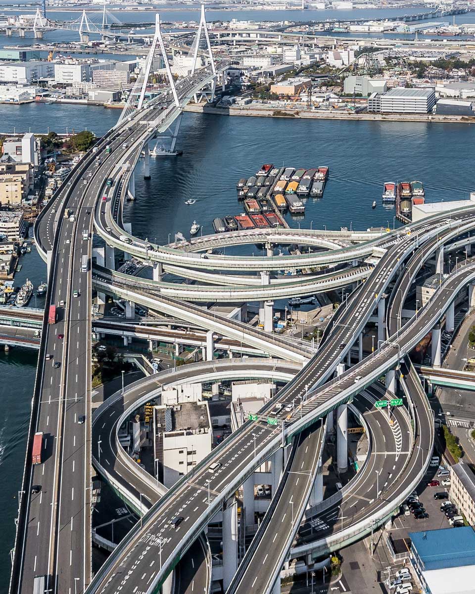 Aerial view highway and overpass Osaka City