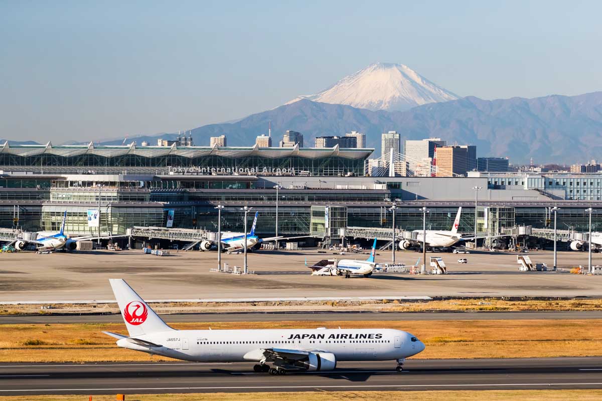 Airport in Japan with mountains in the background