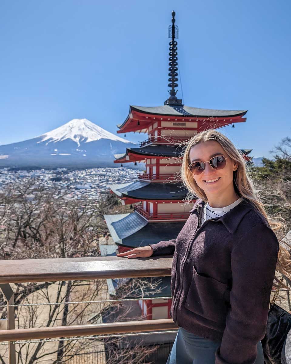 Bailey-poses-for-a-photo-at-Chureito-Pagoda-on a tour from Asakusa Tokyo Japan