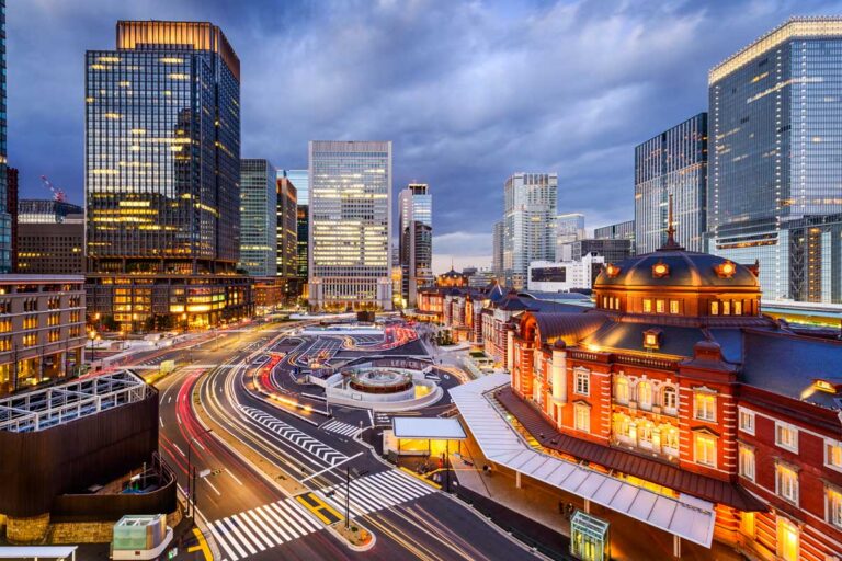 Cityscape view of Tokyo Station at night in Ginza Tokyo Japan