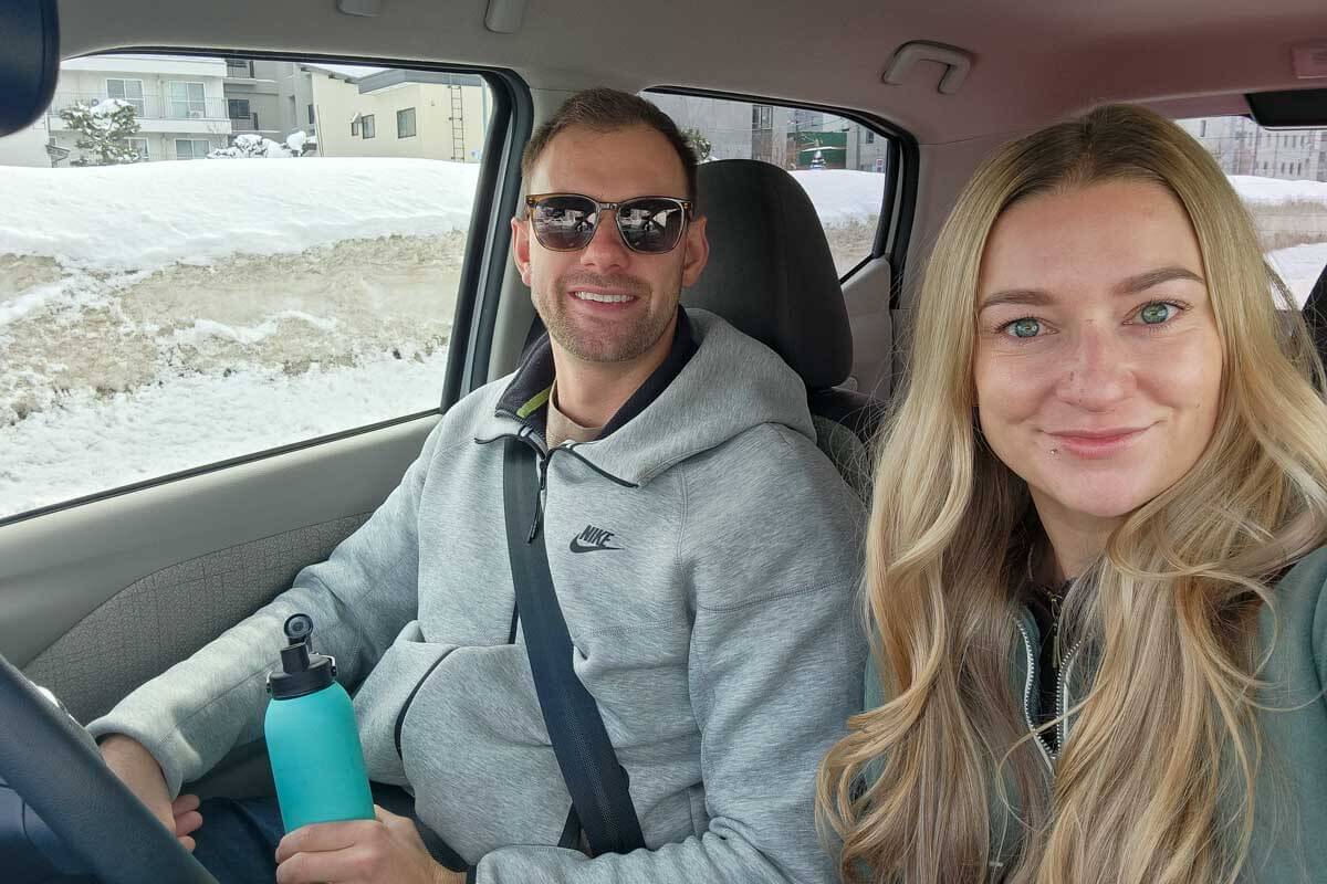Daniel and Bailey in a car in Japan