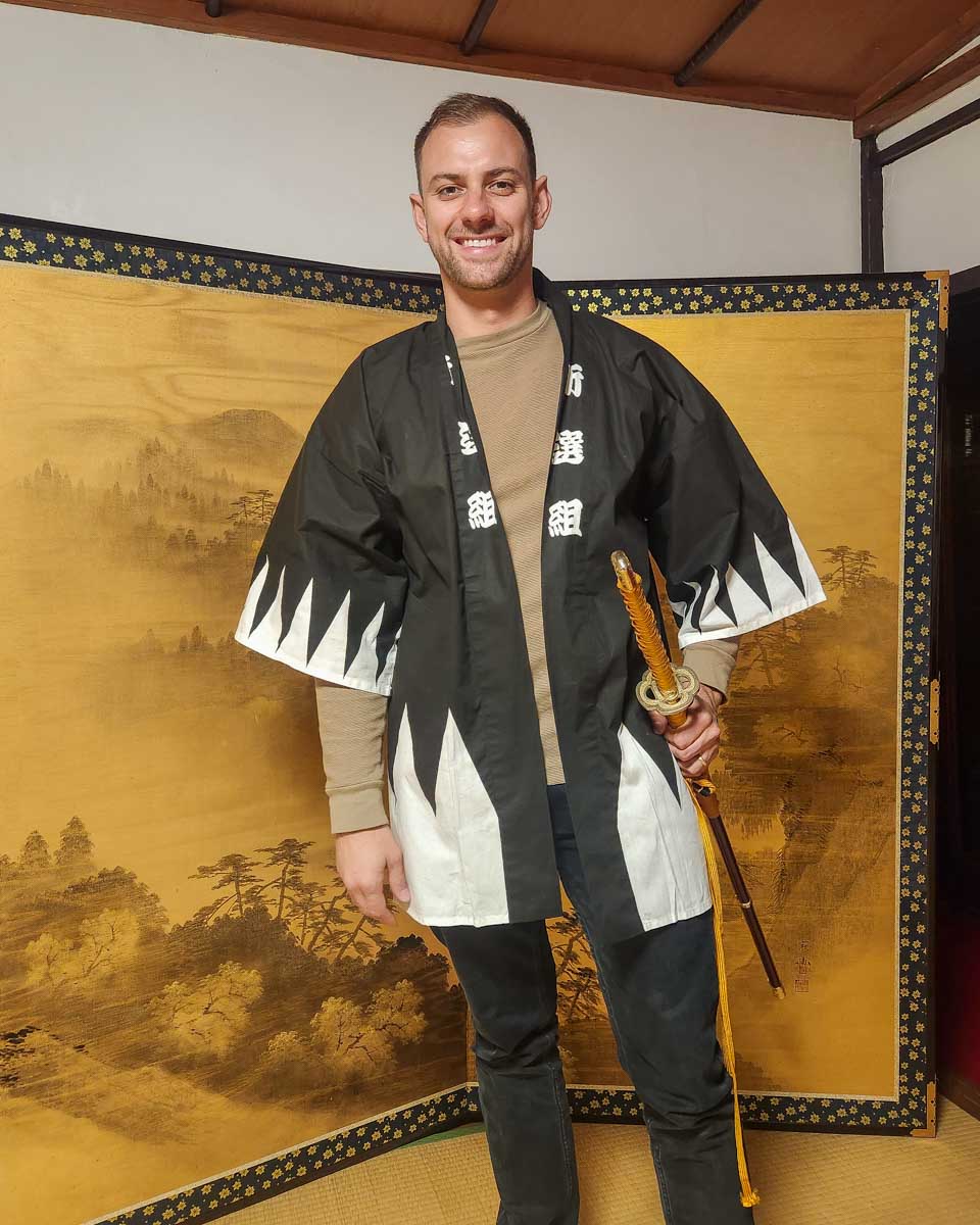Daniel is samurai attire in Tokyo Japan