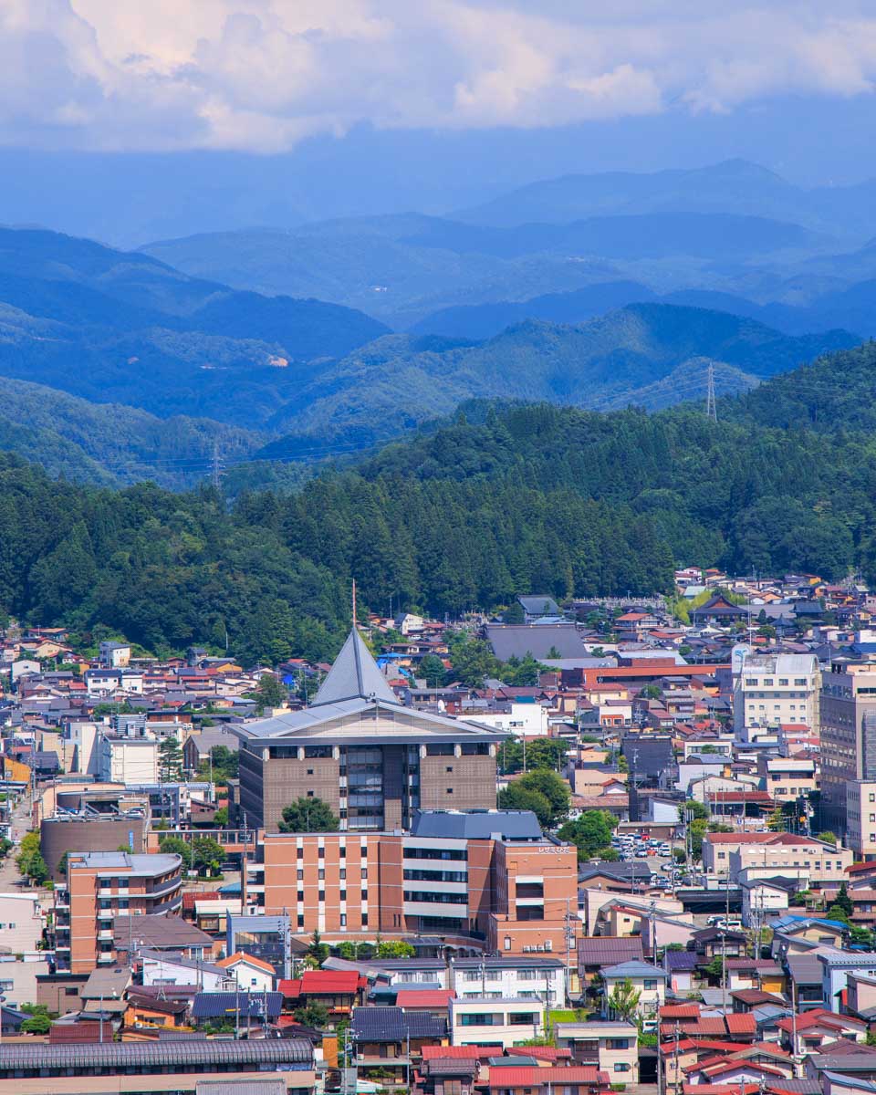 Elevated cityscape view of Takayama, Japan