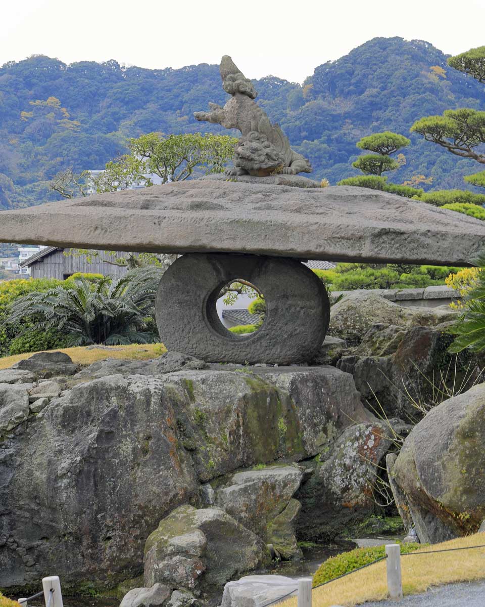 Jumping lion lantern in Sengen garden, Kagoshima, Japan