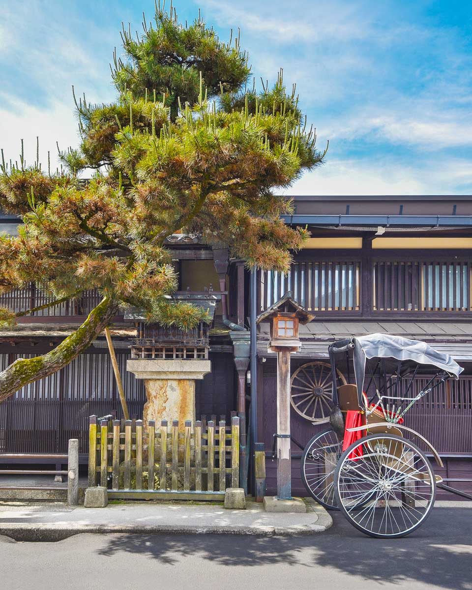 Old wooden houses in historical city Takayama in Japan