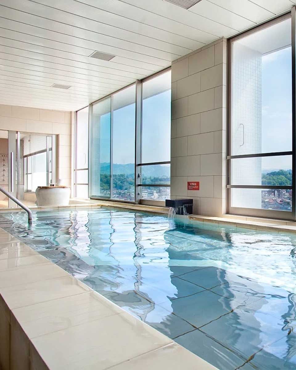 The indoor onsen with a view at Spa Hotel Alpina Hida Takayama