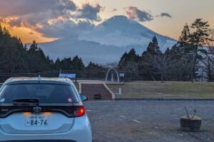 The rental car in Japan with Mt Fuji in the back at sunset (2)