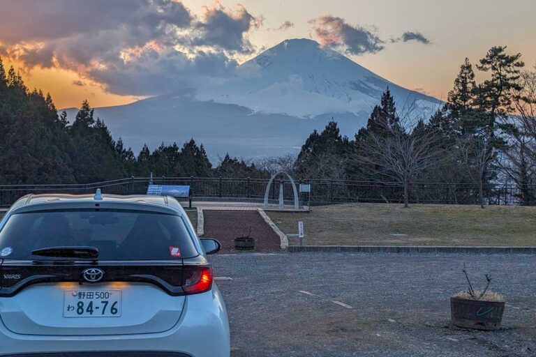 The rental car in Japan with Mt Fuji in the back at sunset (2)