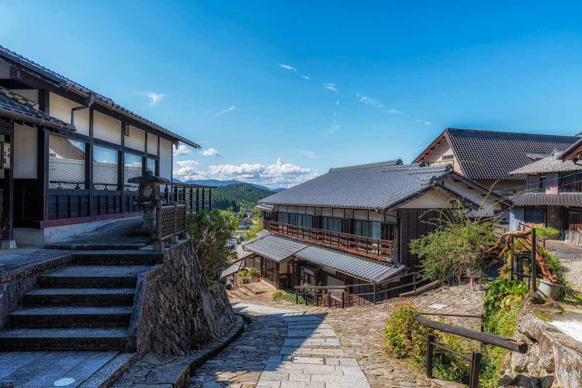 View of Magome on the Tsumago Nakasendo Trail on a day hike from Nagano Japan