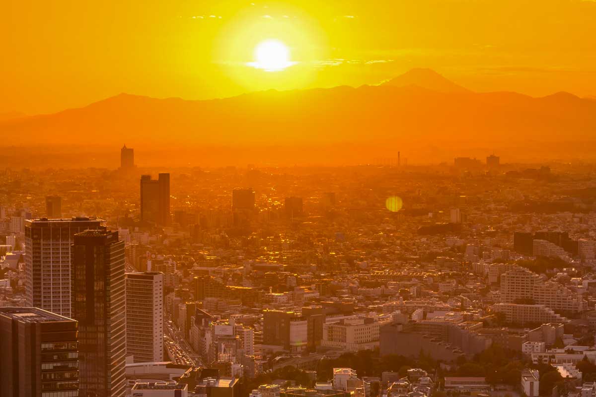 View of Tokyo from Shibuya Sky at sunset in Japan