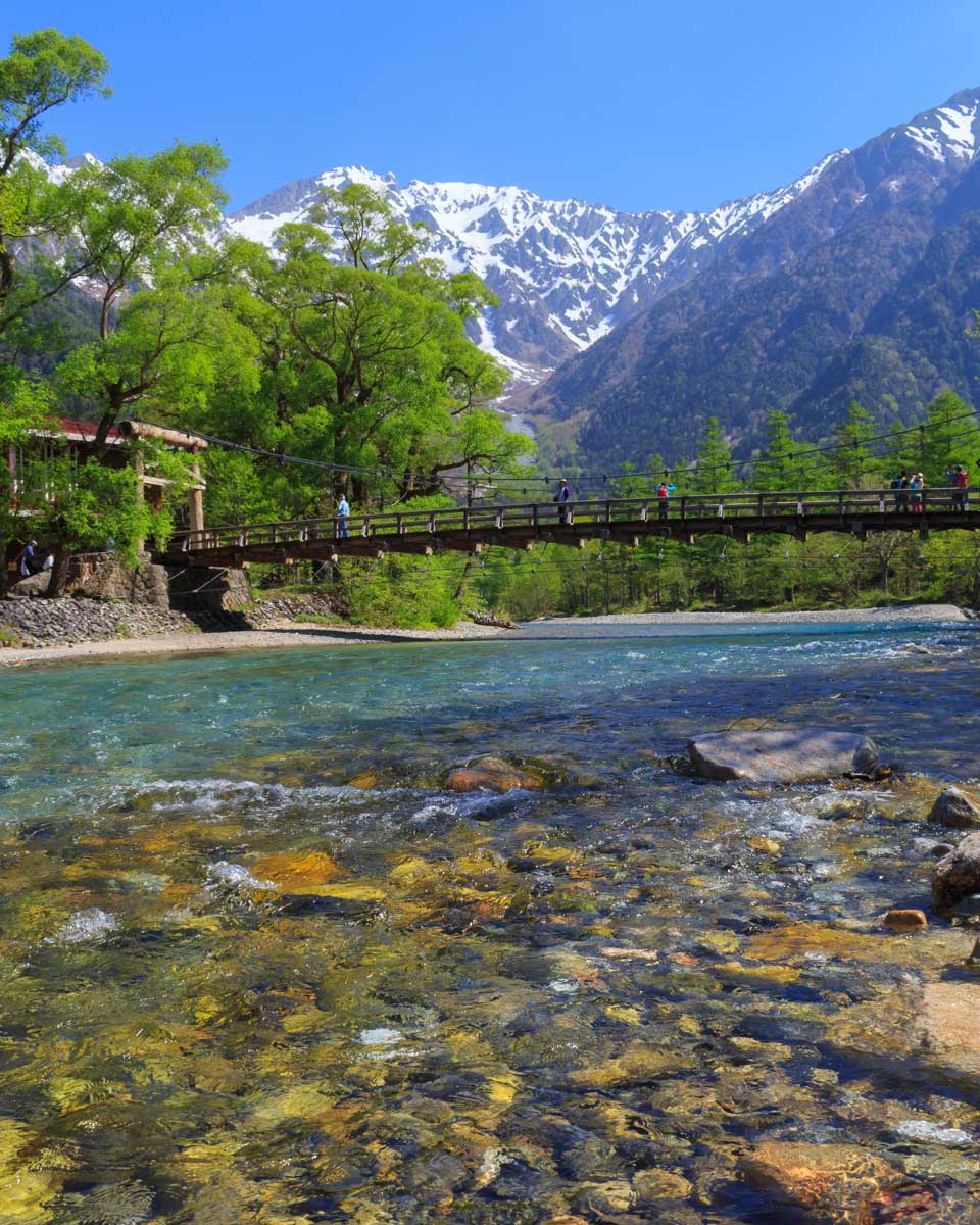View of the river and mountains in Kamikochi in Nagano, Japan