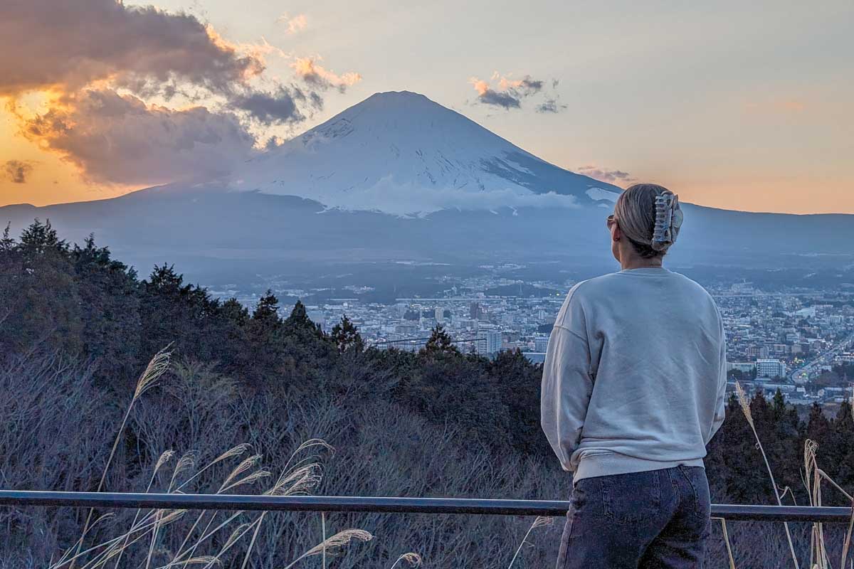 Bailey enjoys the views of Mt Fuji at sunset