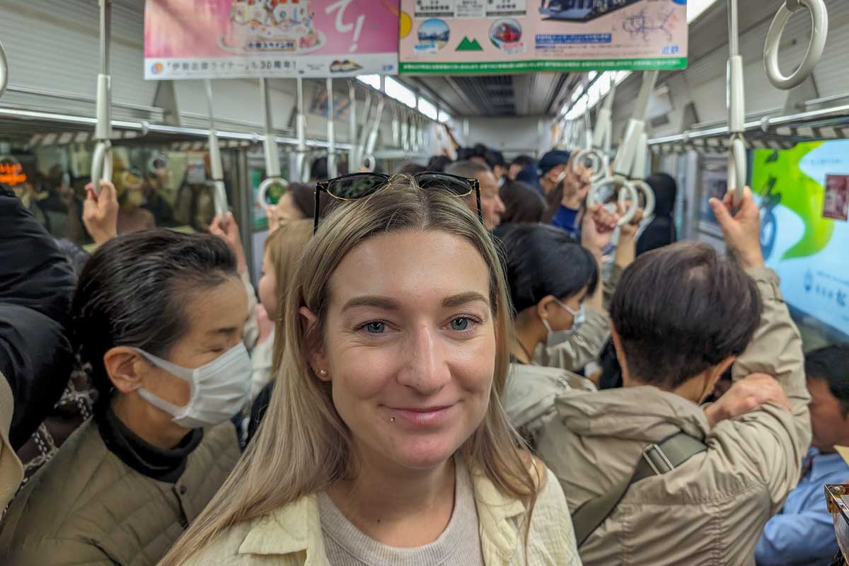 Bailey on public transport in Tokyo Japan