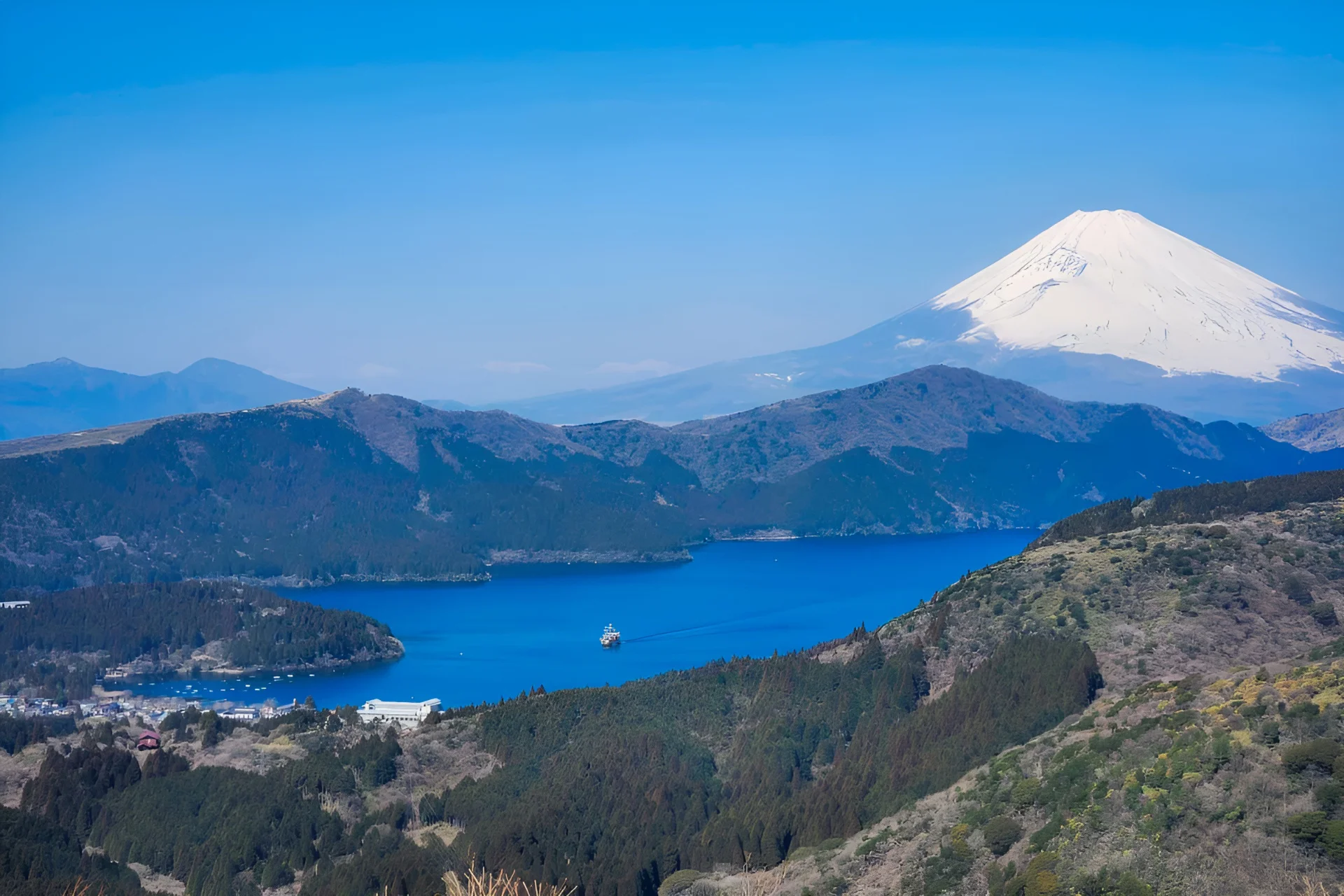 Lake Ashi and Mt Fuji from Mt Taikan Observation Deck Hakone Japan