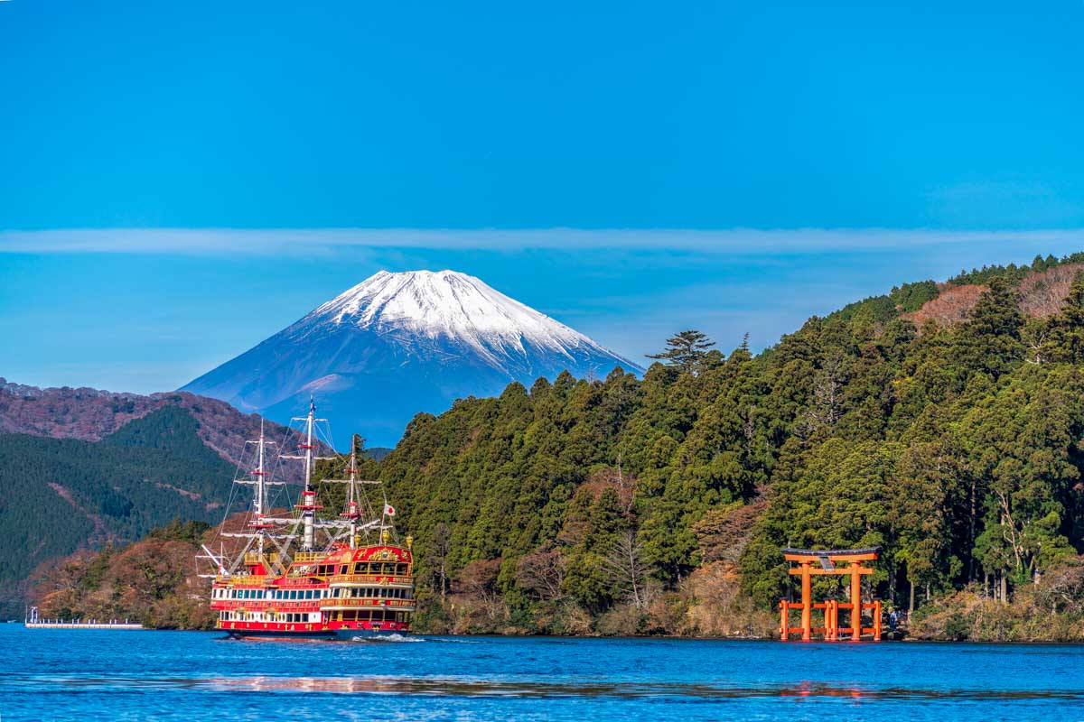Mt Fuji, Lake Ashi, and a ship in Hakone Japan