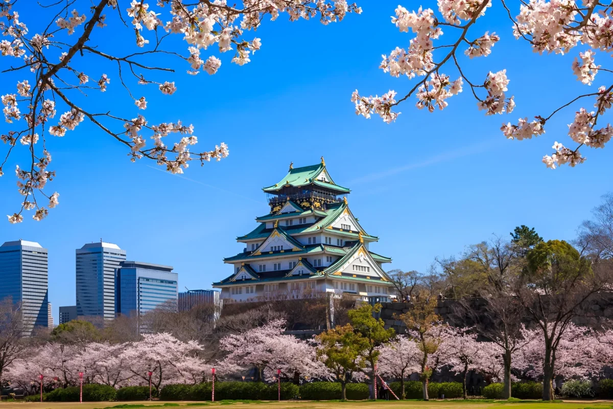 Osaka Castle with trees in Osaka Japan