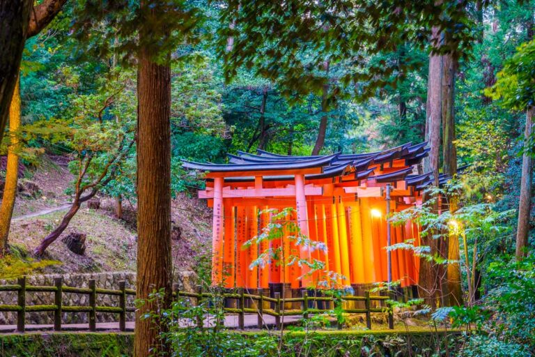 Red Tori Gate at Fushimi Inari Shrine Temple in Kyoto, Japan
