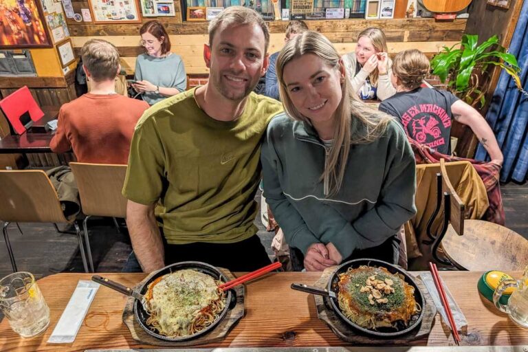 Daniel and Bailey eat okonomiyaki in Japan