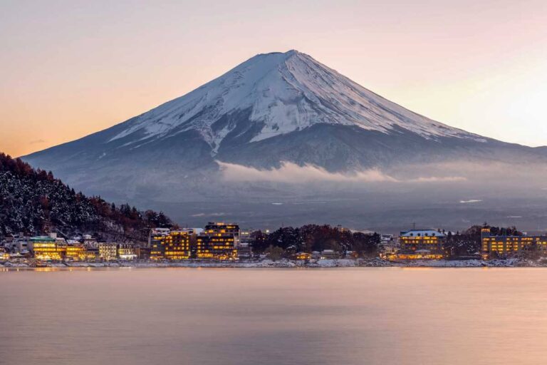 Lake Kawaguchi and Mt Fuji seen at sunset in Japan